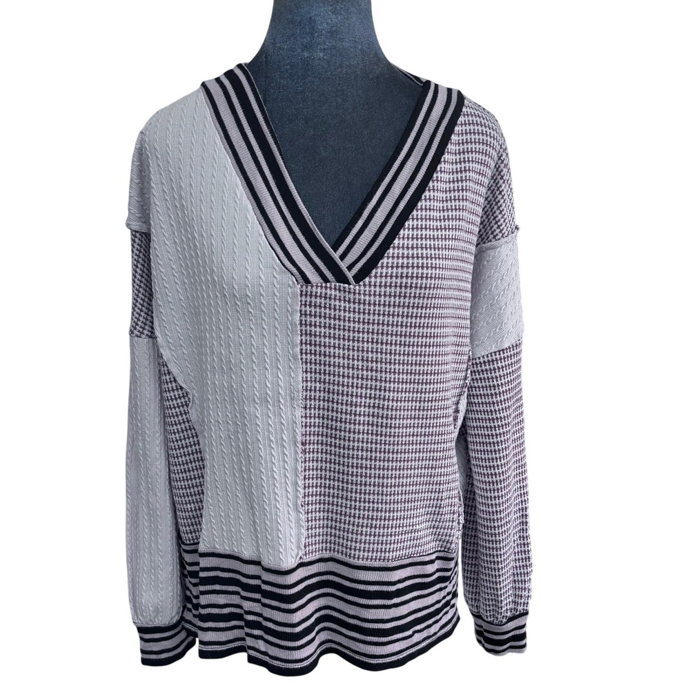 Sugarfox Patchwork V-Neck Sweater Wms Cream/Mauve/Black Houndstooth Cable Knit L